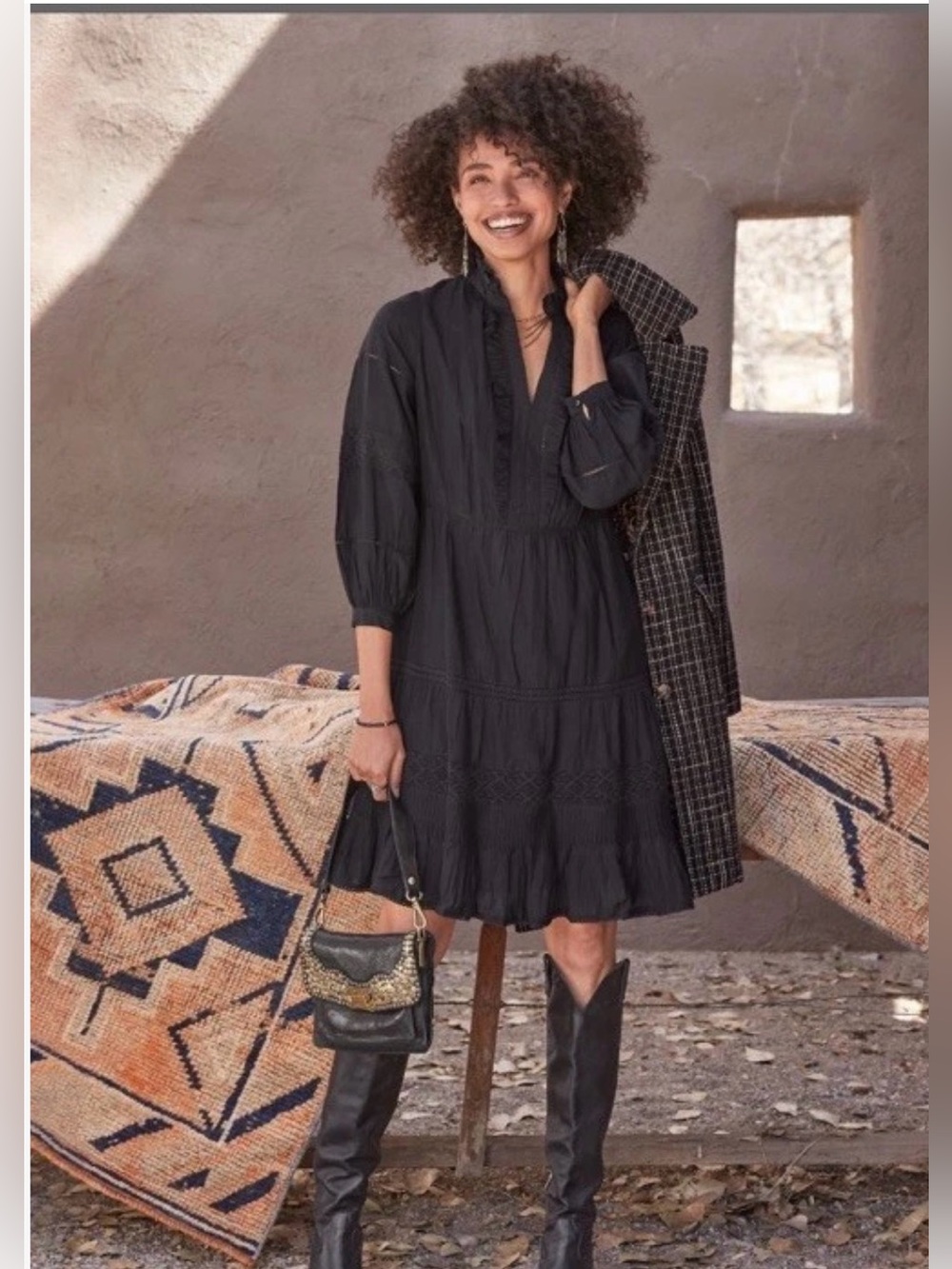 Sundance Bromlee Black Ruffle Trim Dress Size M Lace Lined Puff Sleeves NWOT